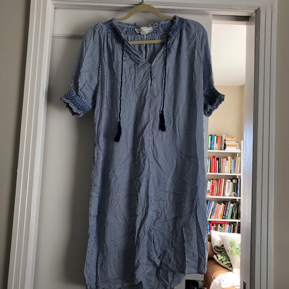 NWOT H&M blue striped dress casual tassels ruched